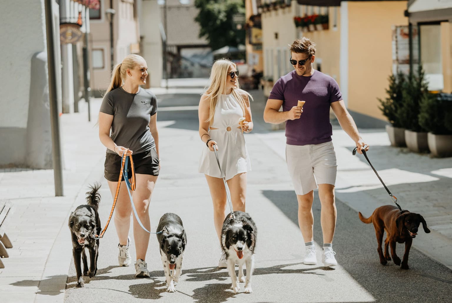 Three female and one male guests walking their dogs on leashes through a sunny street, staying at Hotel Grimming in Austria